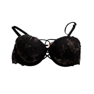 Victorias Secret Date push-up bra 34D black pink shimmer strappy lace NEW
